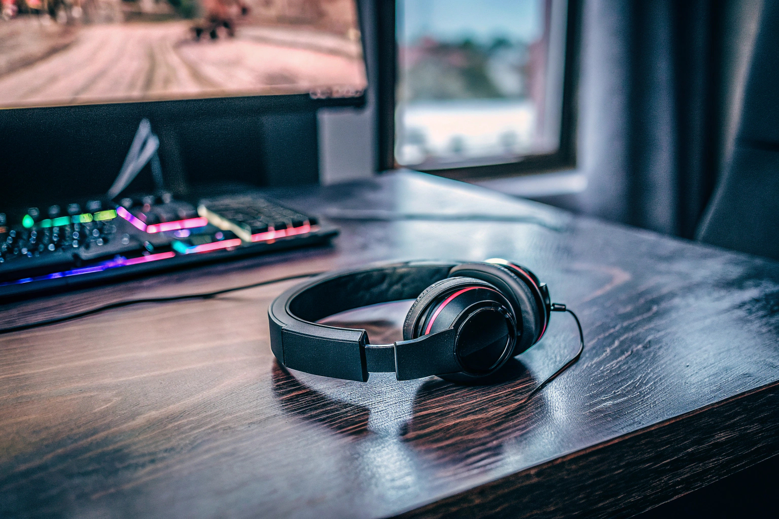 Gaming-Headset auf einem Tisch mit einem Gaming-Setup im Hintergrund. Gaming-Headset und Gaming-Setup