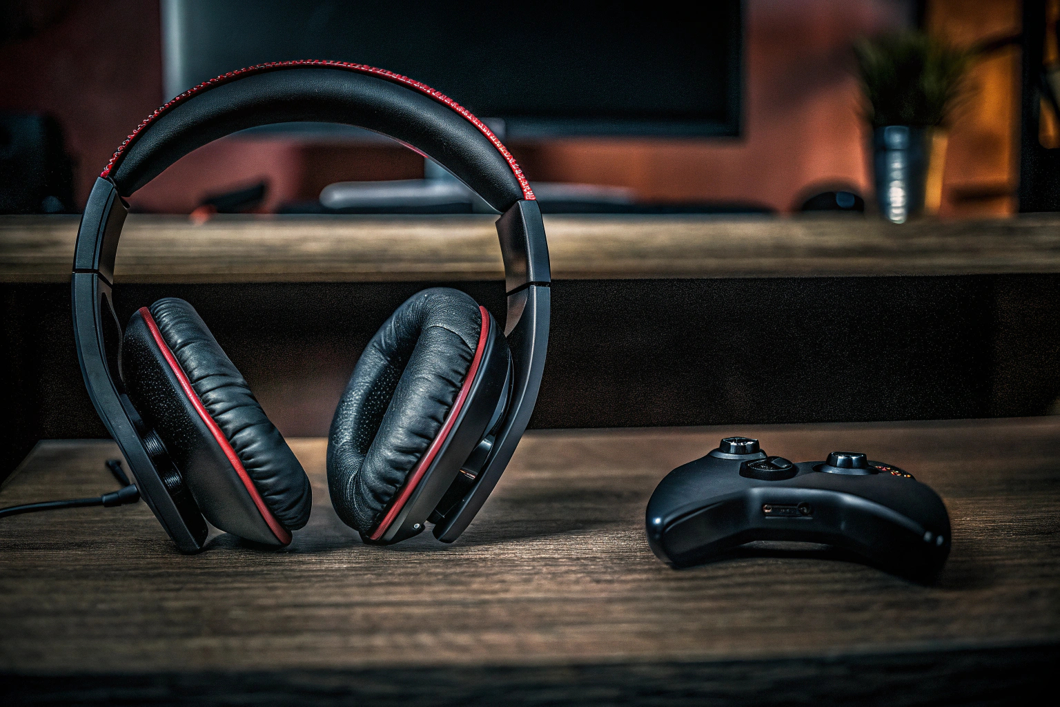 Gaming-Headset mit roten Akzenten, das auf einem Schreibtisch neben einem Gaming-Controller liegt. HyperX Cloud III Gaming-Headset