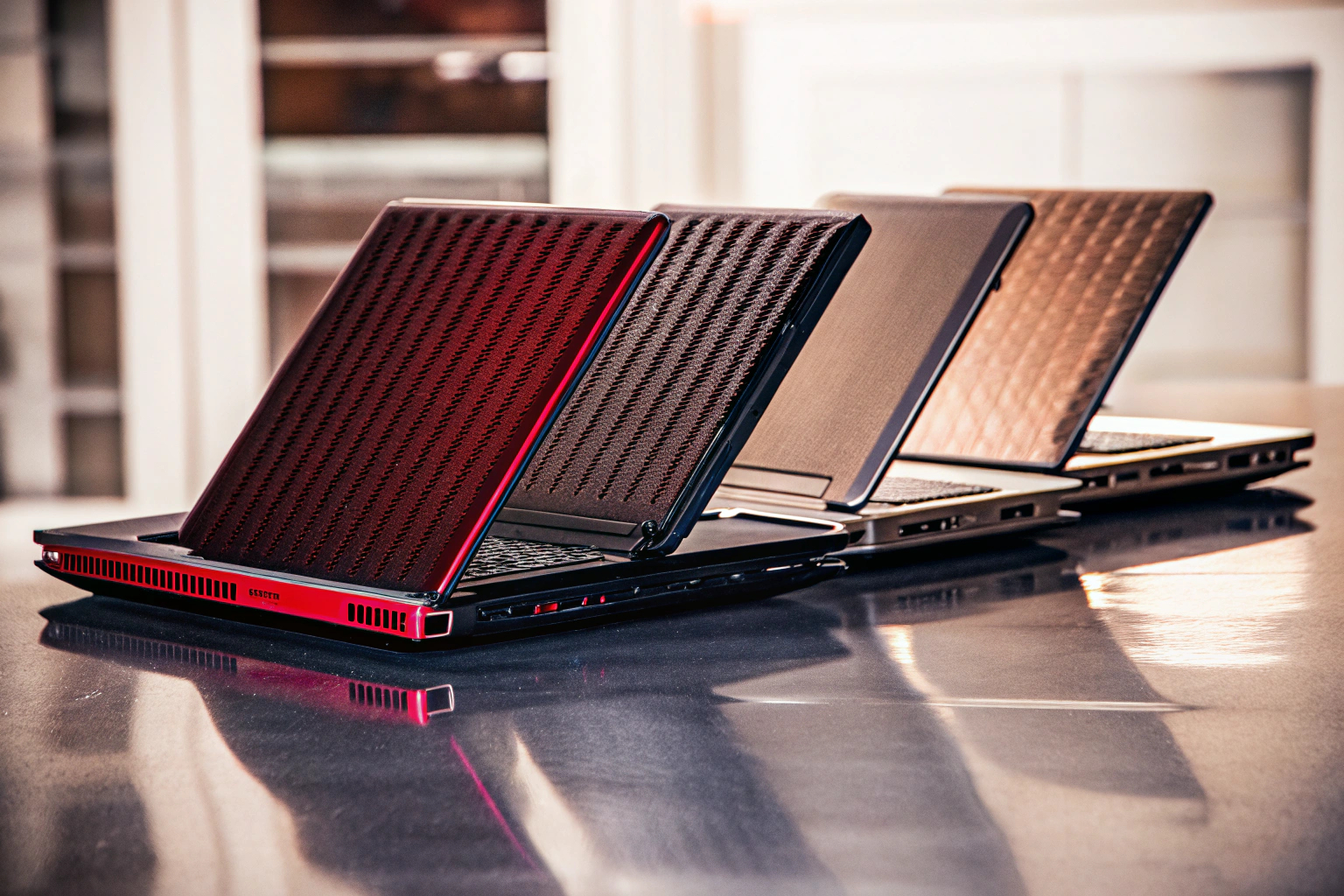 Gaming-Laptops in verschiedenen Designs auf einem Tisch, die die Vielfalt der Optionen zeigen. Verschiedene Gaming-Laptops auf einem Tisch