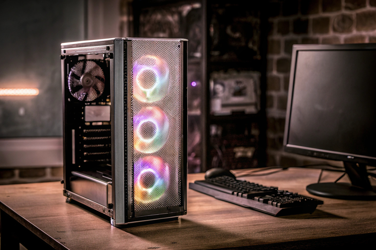 Gaming-PC mit beleuchteten RGB-Lüftern in Aktion. Gaming-PC mit RGB-Lüftern