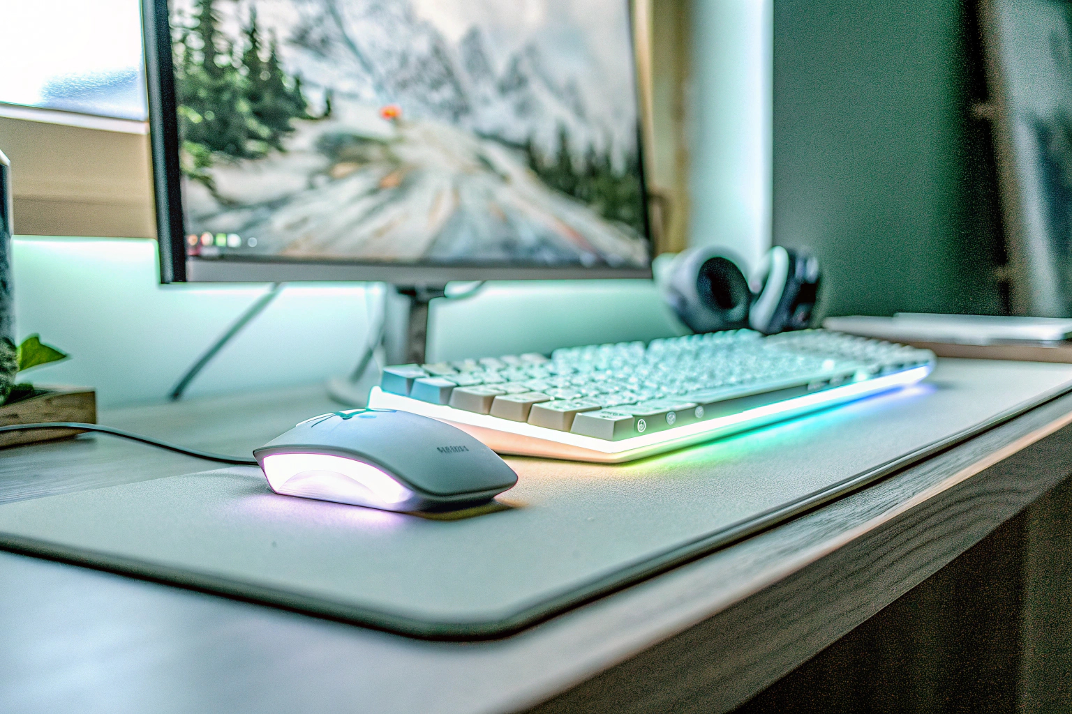 Gaming-Setup mit bunten RGB-Lichtern und Zubehör Gaming-Zimmer mit RGB-Beleuchtung