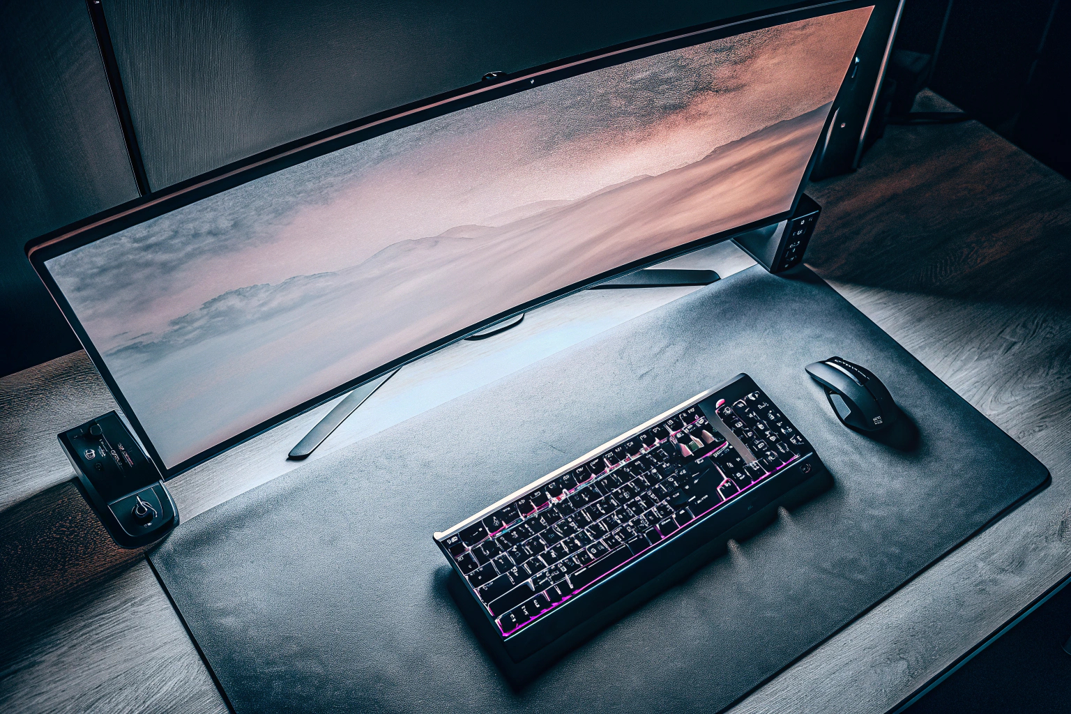 Gaming-Setup mit einem 27 Zoll Curved Monitor, RGB-Beleuchtung und Gaming-Zubehör. Gaming-Setup mit Curved Monitor