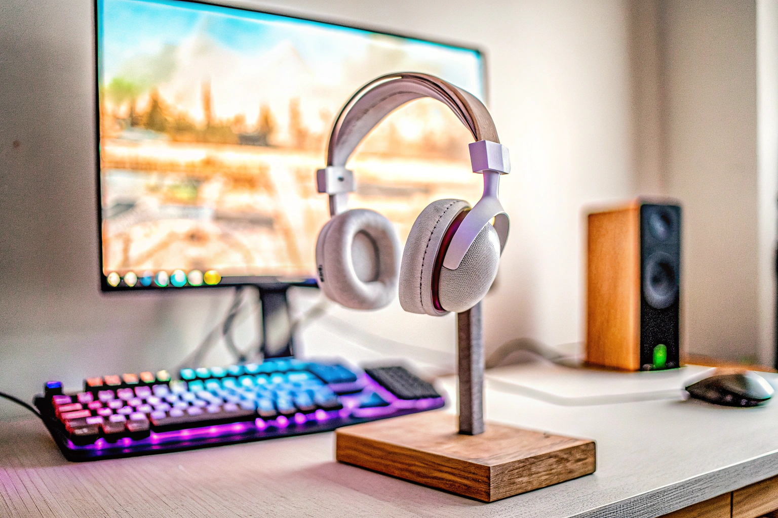 Gaming-Setup mit Headset-Halter und Zubehör. Gaming-Setup mit Zubehör