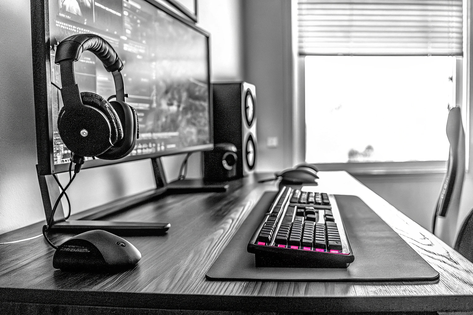 Gaming-Setup mit RGB-Beleuchtung und Kopfhörerständer, um das Spielerlebnis zu verbessern. Gaming-Setup mit RGB