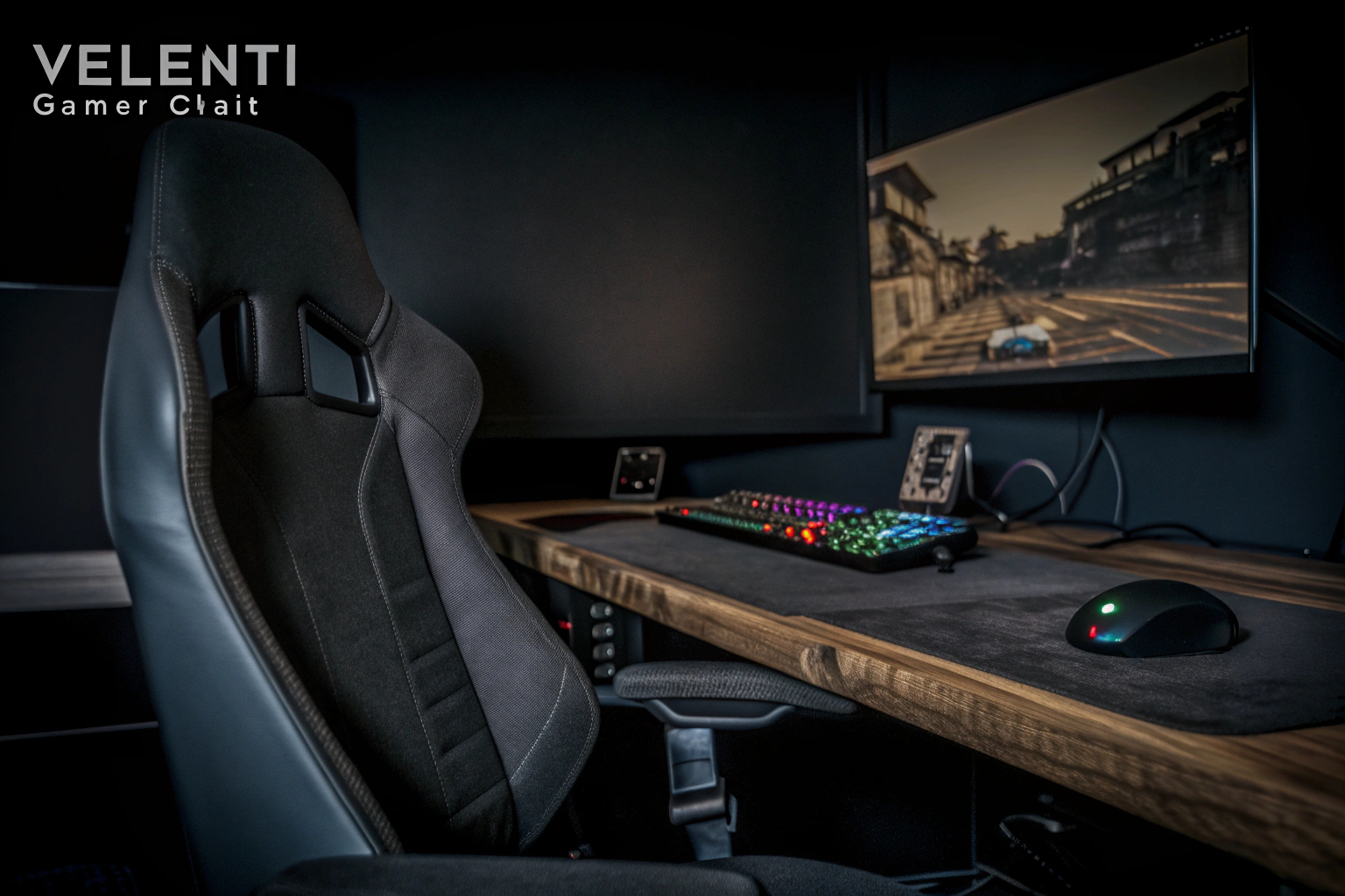 Gaming-Setup mit verschiedenen Gadgets, darunter der VELENTI Gamer Chair Phone Stand. Gaming-Setup mit Gadgets