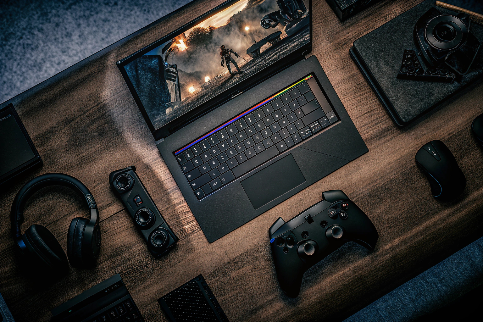 Gaming-Setup mit verschiedenen Geräten und einem Bildschirm, auf dem ein modifiziertes Spiel läuft. Gaming-Setup mit modifiziertem Spiel