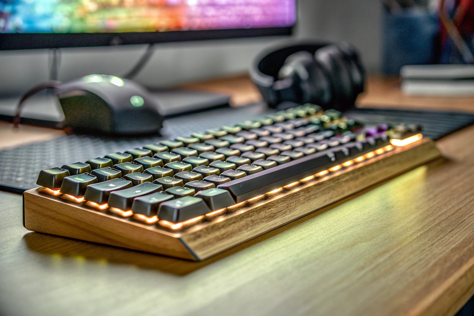 Gaming-Tastatur mit RGB-Beleuchtung auf einem Schreibtisch RGB Gaming-Tastatur