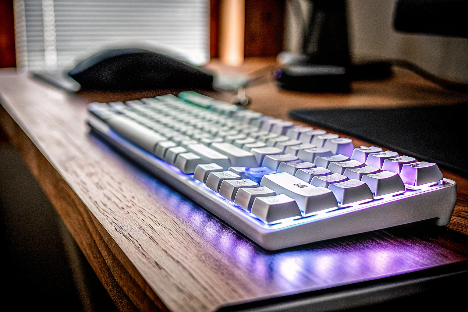 Gaming-Tastatur mit RGB-Beleuchtung in einem dunklen Raum, die ein beeindruckendes Farbspektrum zeigt. RGB Gaming-Tastatur