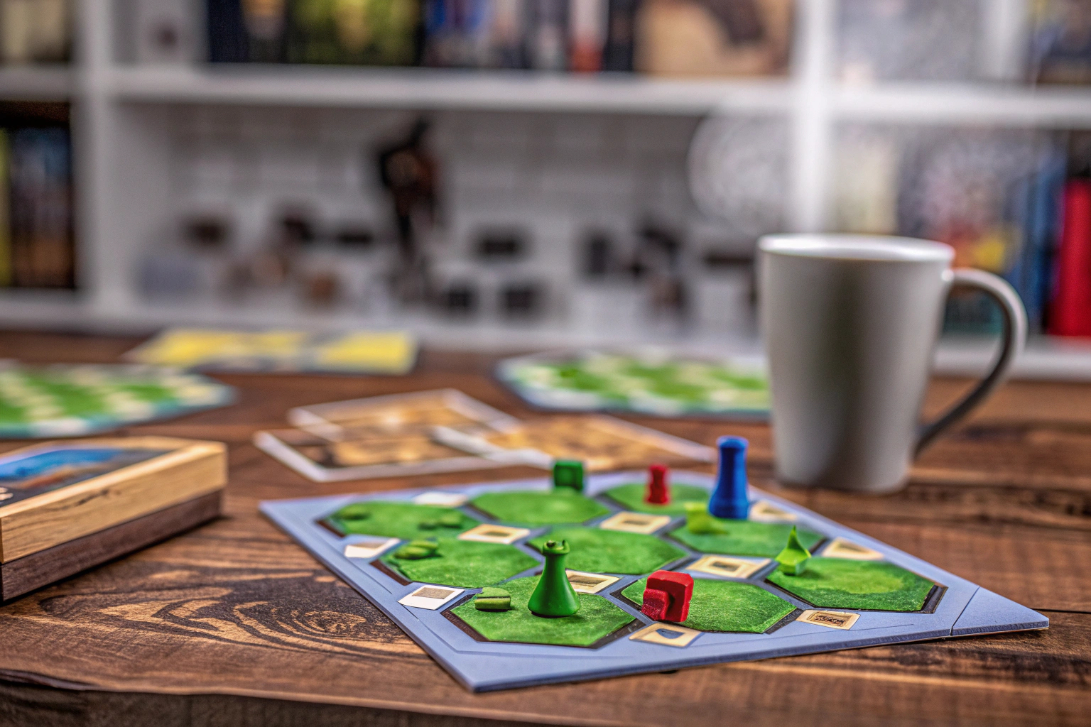 Gesellschaft bei einem Spieleabend mit kreativen Brettspielen am Tisch. Spieleabend mit kreativen Brettspielen