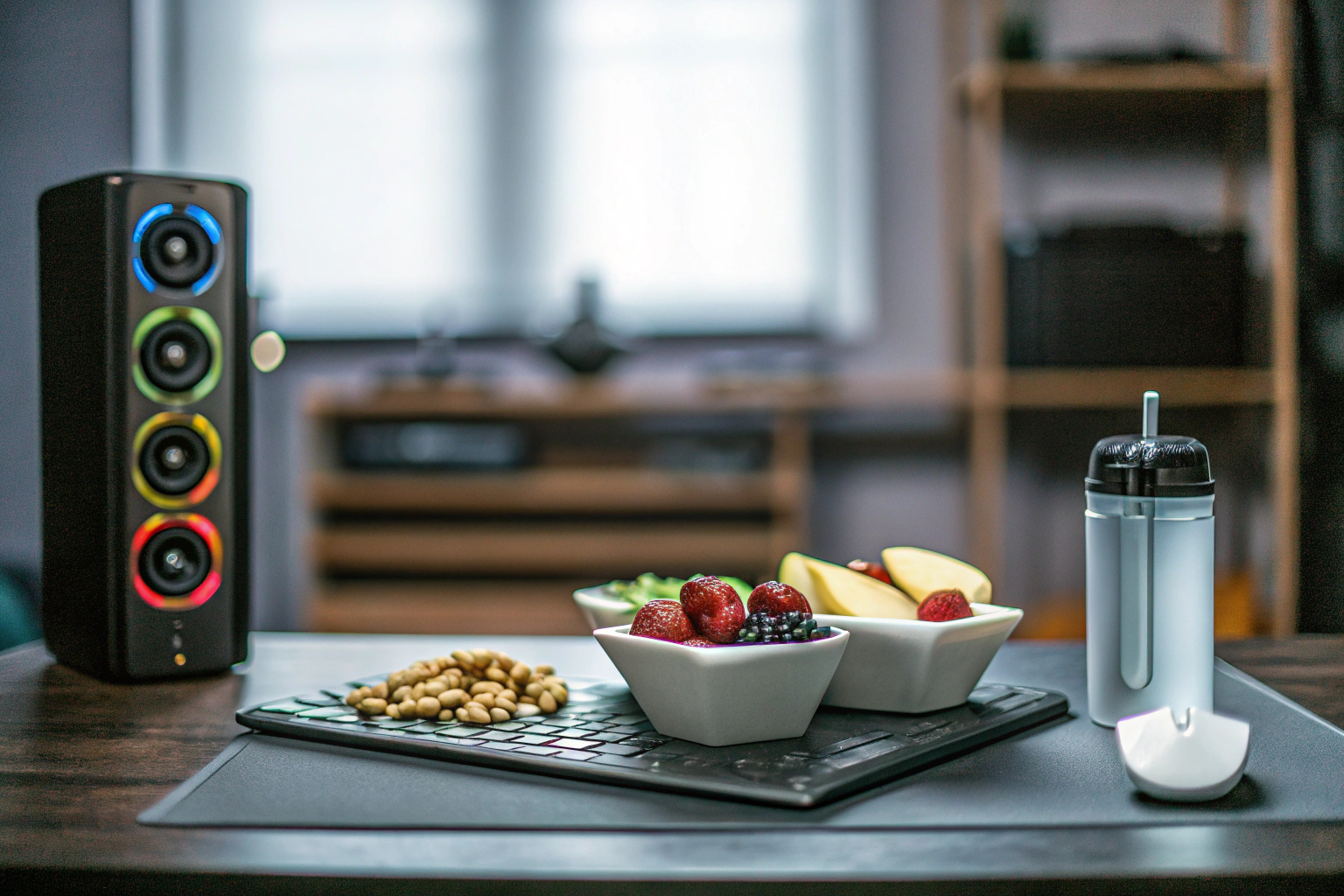 Gesunde Snacks und Supplemente auf einem Tisch neben einem Gaming-Setup. Gesunde Snacks und Supplemente für Gamer