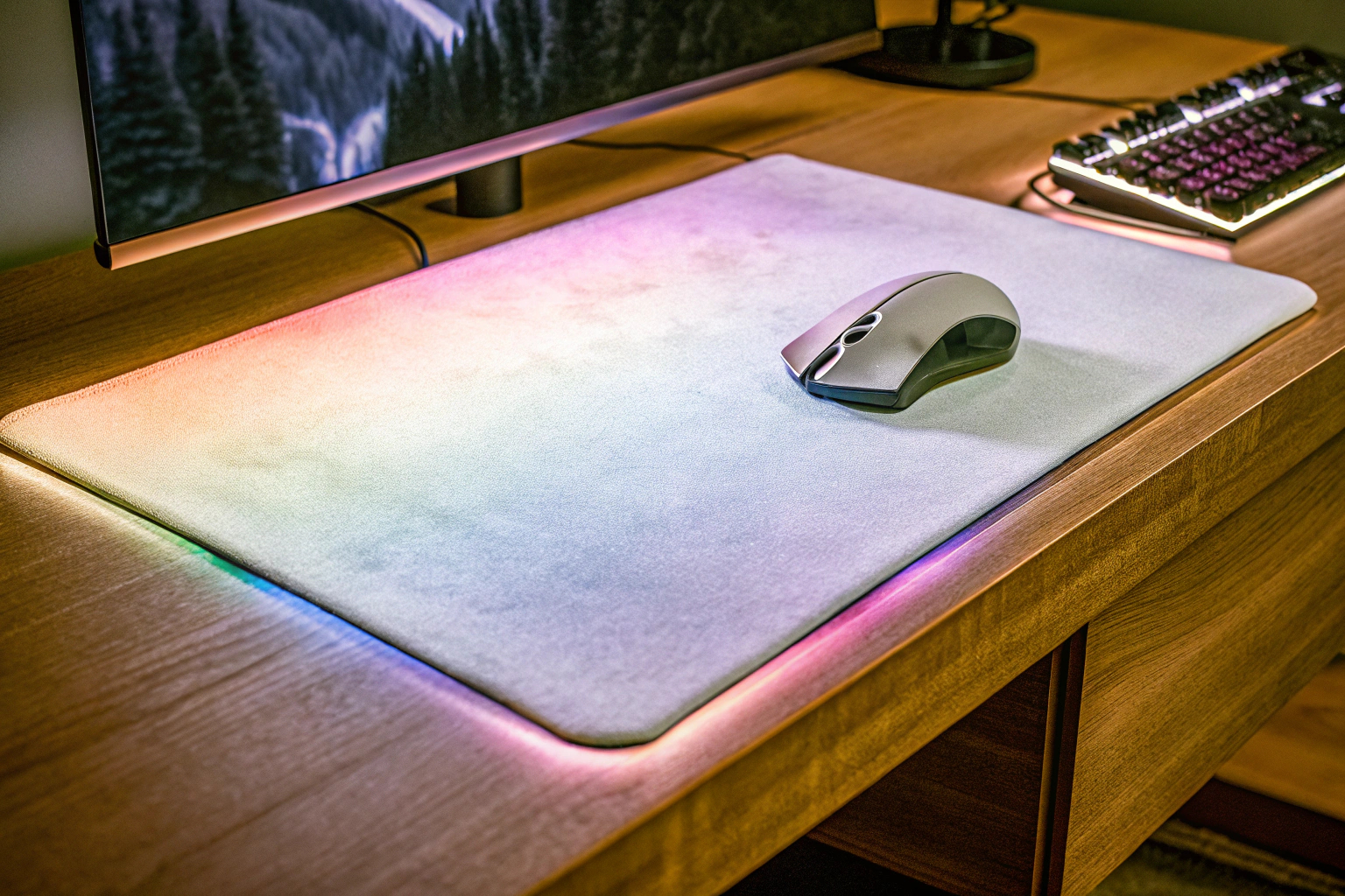 Großes RGB-Gaming-Mauspad auf einem Schreibtisch. RGB-Gaming-Mauspad