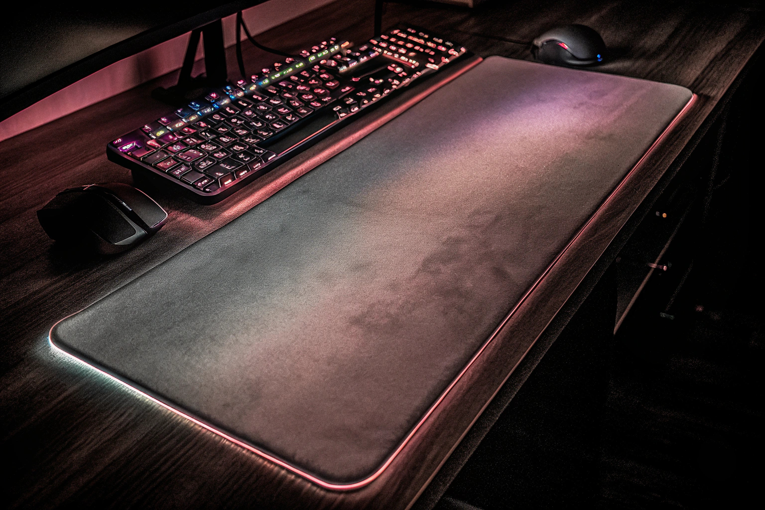 Großes RGB Gaming Mauspad, das auf einem Schreibtisch mit Tastatur und Maus platziert ist, beleuchtet in verschiedenen Farben. RGB Gaming Mauspad auf Schreibtisch