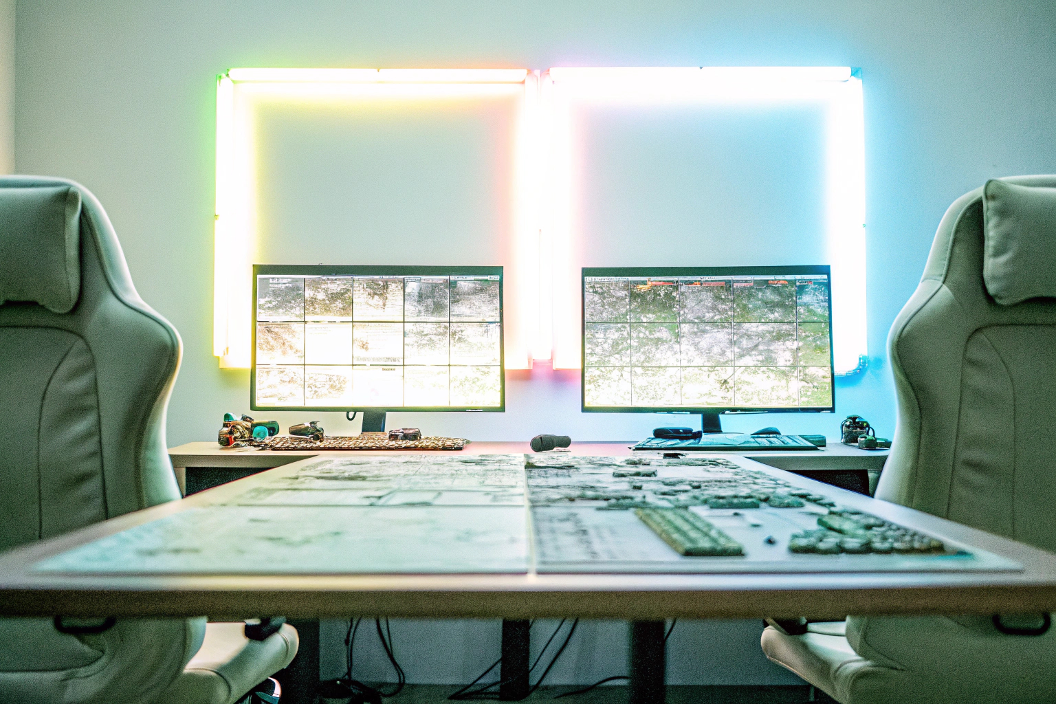 Gruppe von Gamern, die gemeinsam an einem Tisch spielen und Strategien diskutieren. Gamer-Gruppe beim Spielen