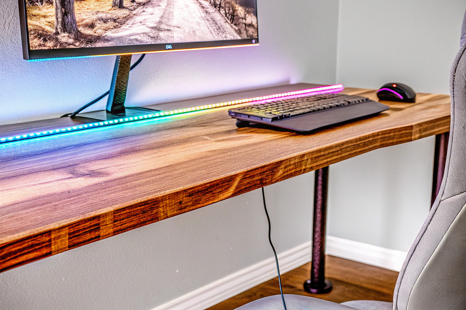 Gut organisiertes Gaming-Setup mit sauberem Kabelmanagement. Gaming-Setup mit sauberem Kabelmanagement