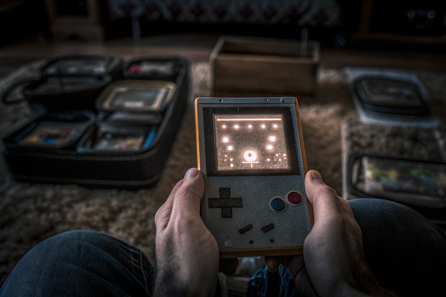 Handheld-Retro-Konsole in der Hand eines Spielers Handheld-Retro-Konsole