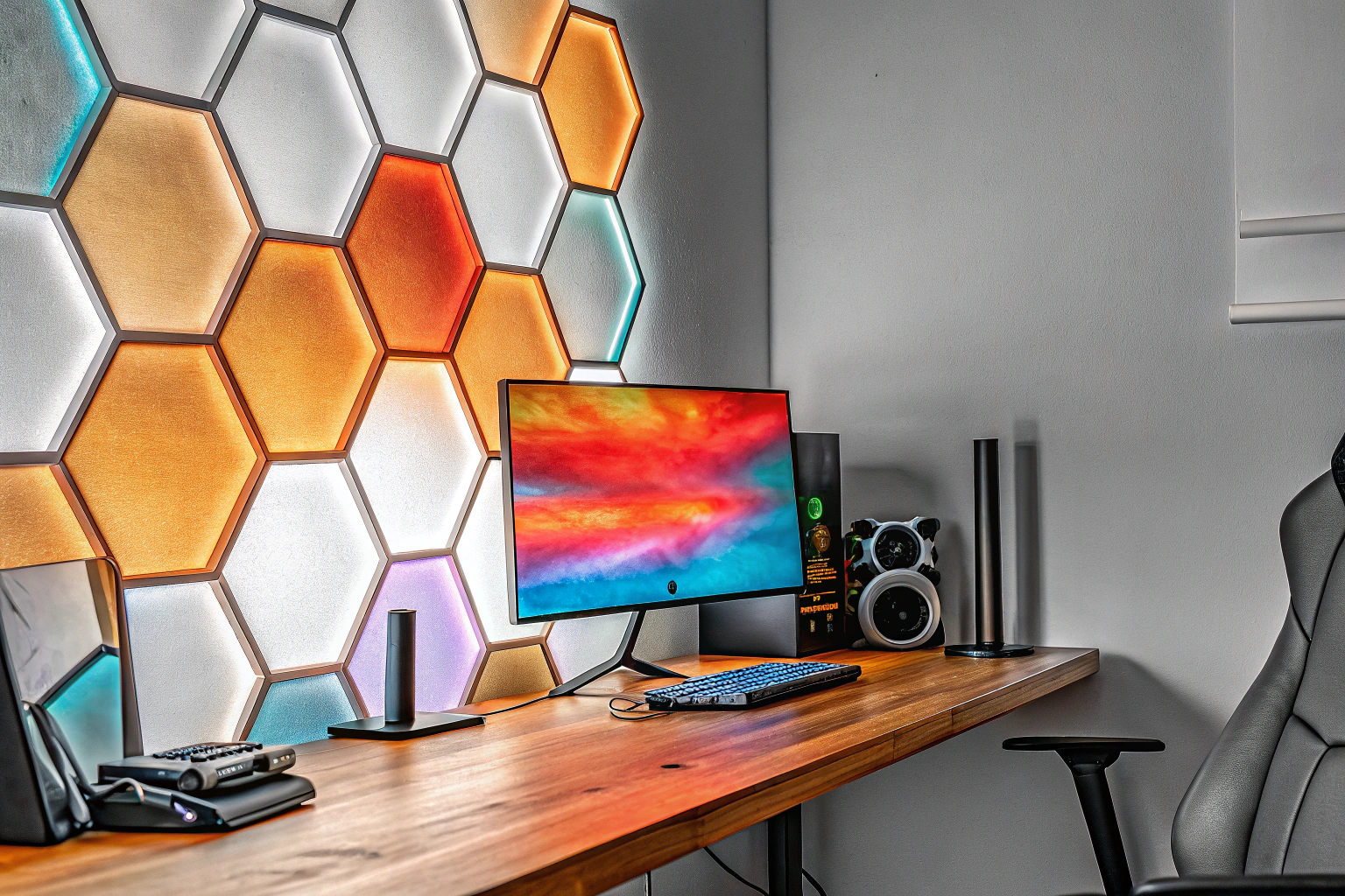 Hexagon RGB LED Panels an der Wand eines Gaming-Raums, die in verschiedenen Farben leuchten. Hexagon RGB LED Panels