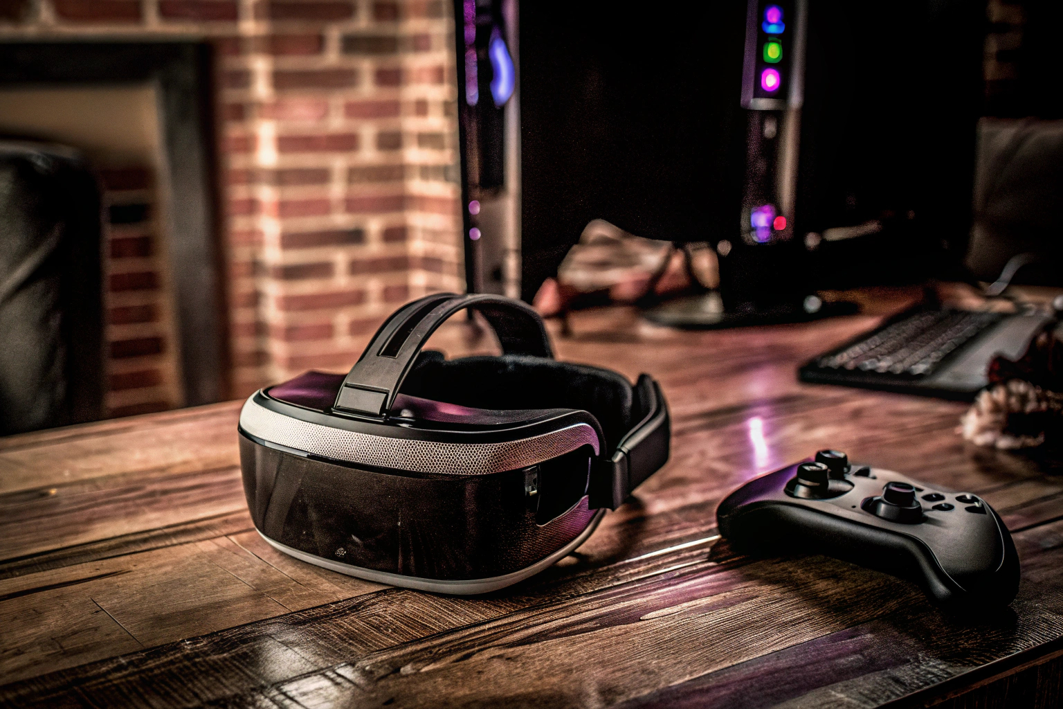 High-End VR-Headset auf einem Tisch, umgeben von Gaming-Equipment wie Controllern und einem PC. High-End VR-Headset und Gaming-Equipment