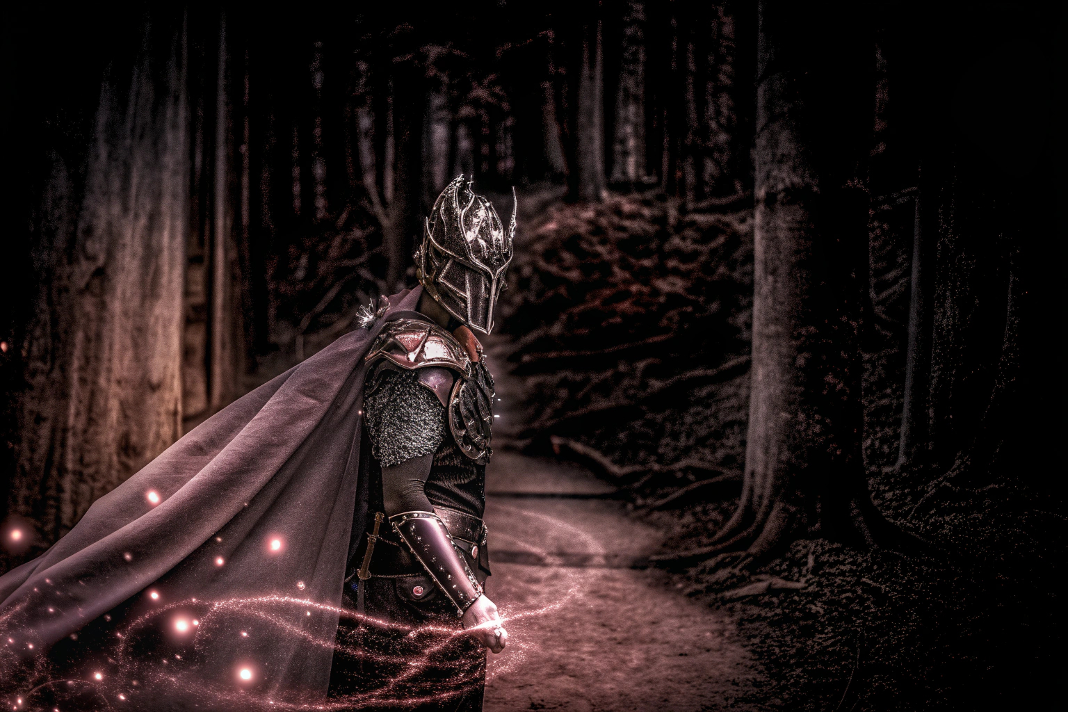 Illustration eines Fantasy-Charakters mit detaillierter Rüstung und Hintergrund. Fantasy-Charakter in Rüstung