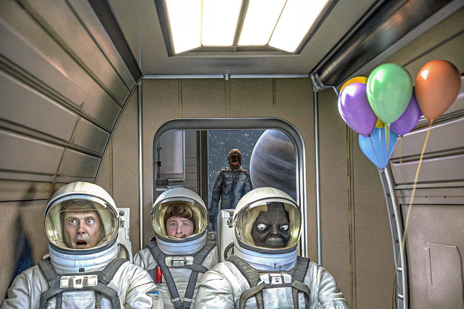 Illustration von 'Among Us' mit Besatzungsmitgliedern und einem Verdächtigen im Hintergrund. Among Us Illustration
