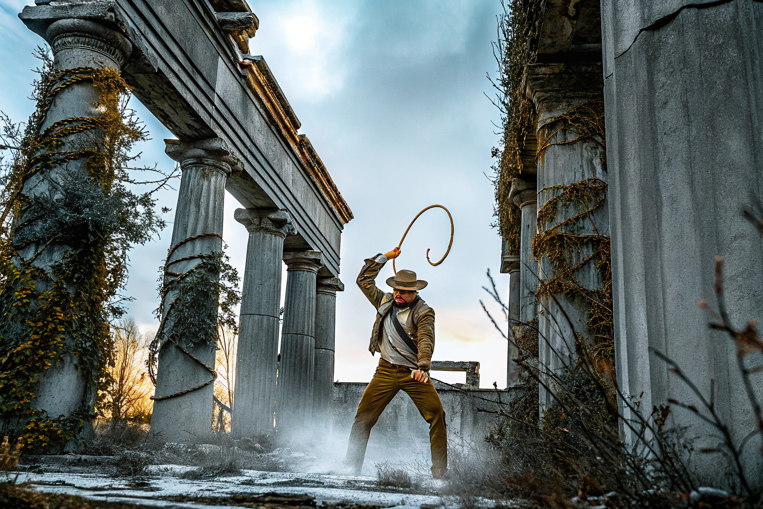 Indiana Jones mit seiner ikonischen Peitsche in einer antiken Ruine. Indiana Jones Abenteuer
