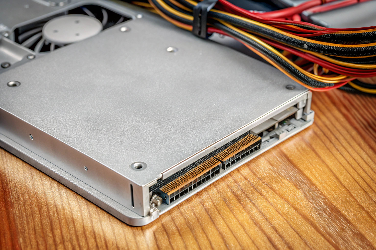 Intenso SSD in einem Desktop-PC verbaut, mit Fokus auf die Anschlussstelle. Intenso SSD Einbau