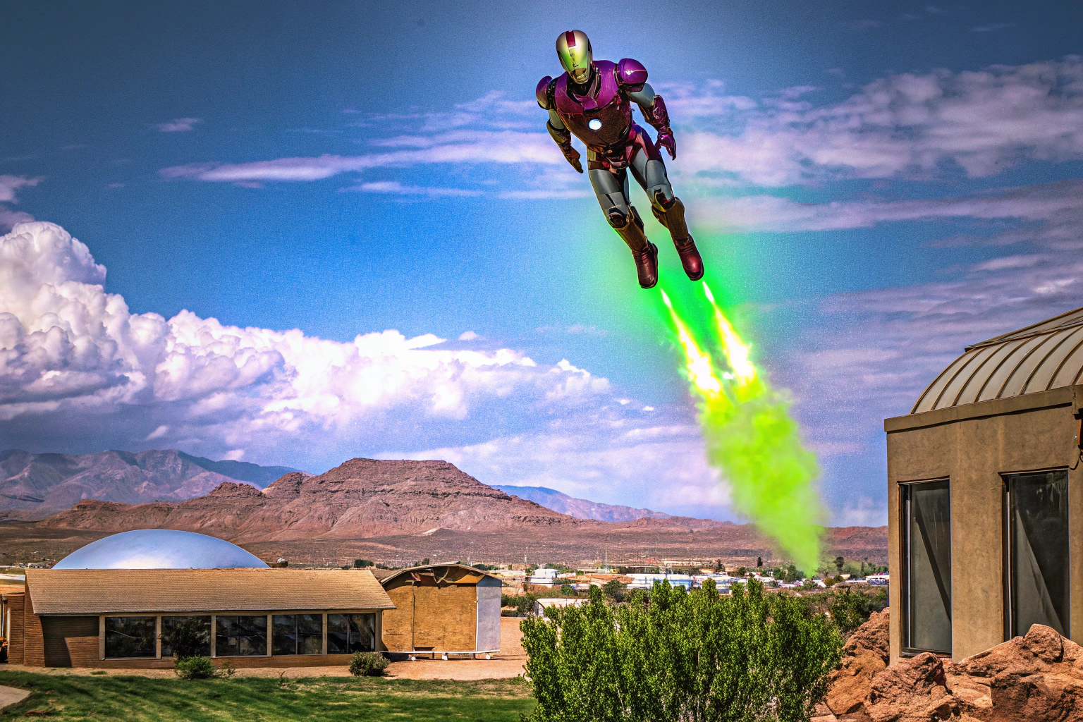 Iron Man in seiner Rüstung fliegt durch die Lüfte, während er Feinde bekämpft. Iron Man VR Spiel
