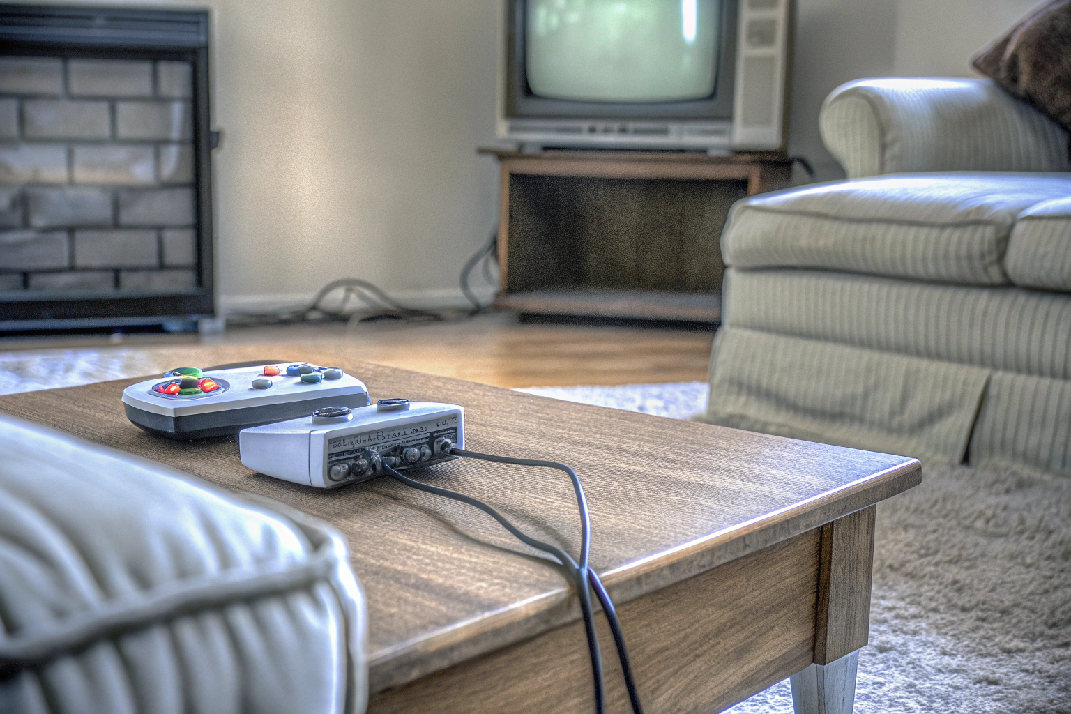 Jubelnde Familie beim Spielen einer Retro-Spielkonsole im Wohnzimmer. Familie beim Spielen von Retro-Konsole