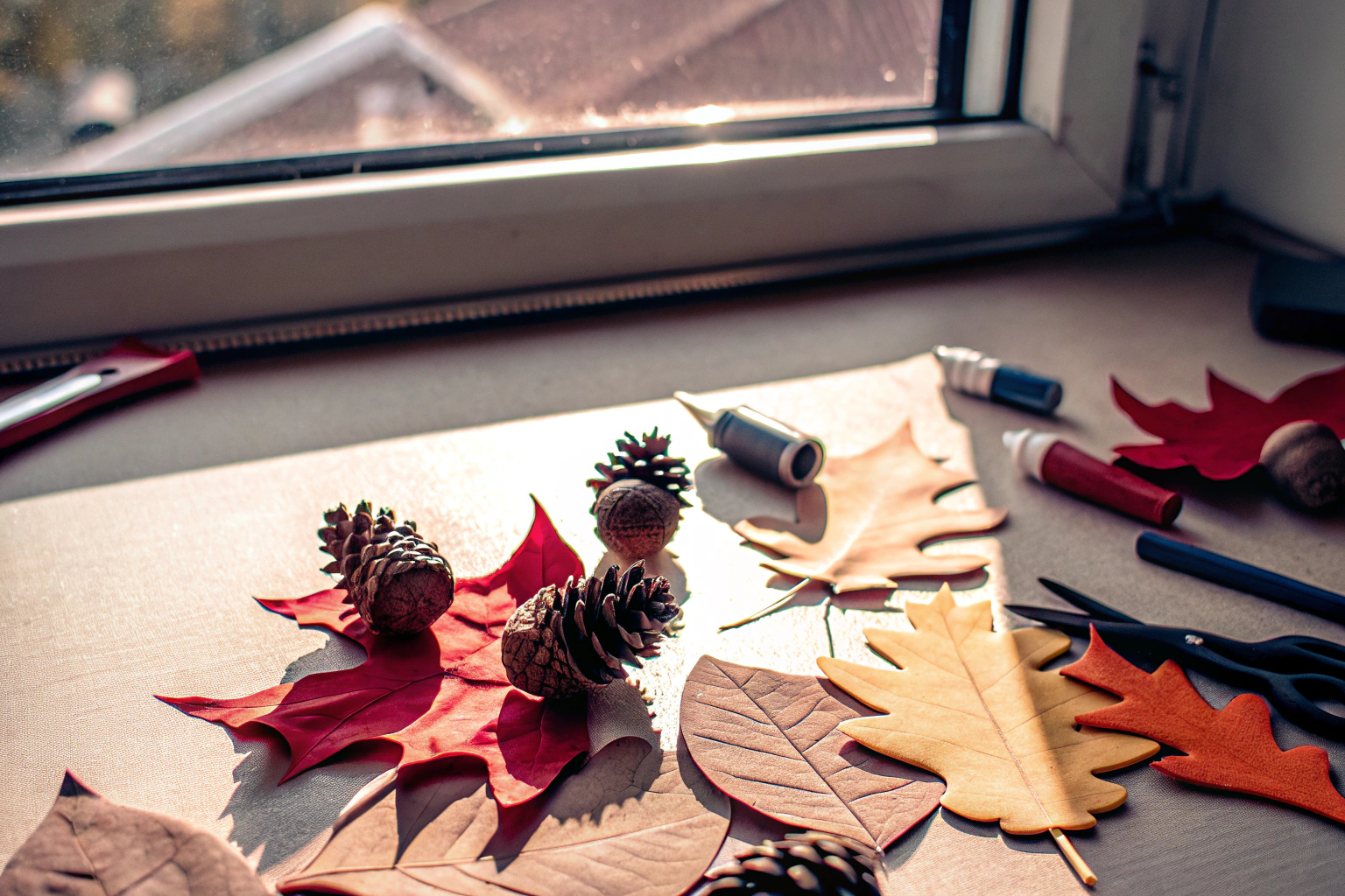 Kinder basteln bunte Herbstdeko aus Papier und Naturmaterialien. Bastelprojekte für Kinder im Herbst