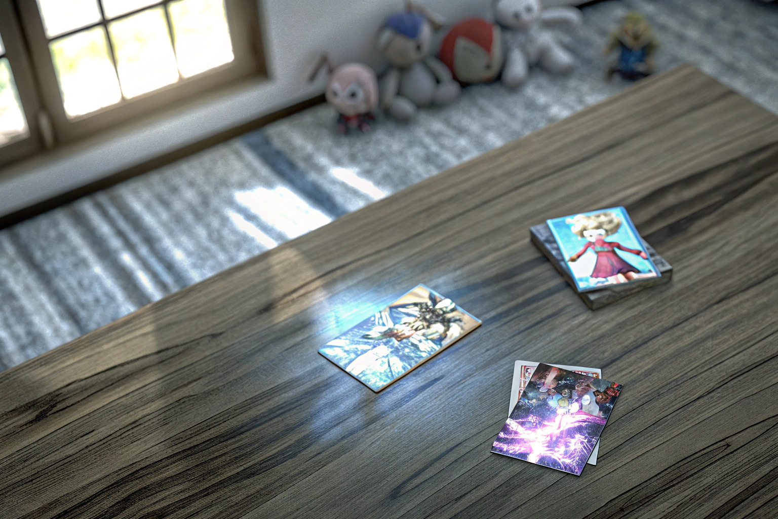 Kinder beim Spielen eines Anime-Kartenspiels an einem Tisch. Kinder spielen Anime-Kartenspiel