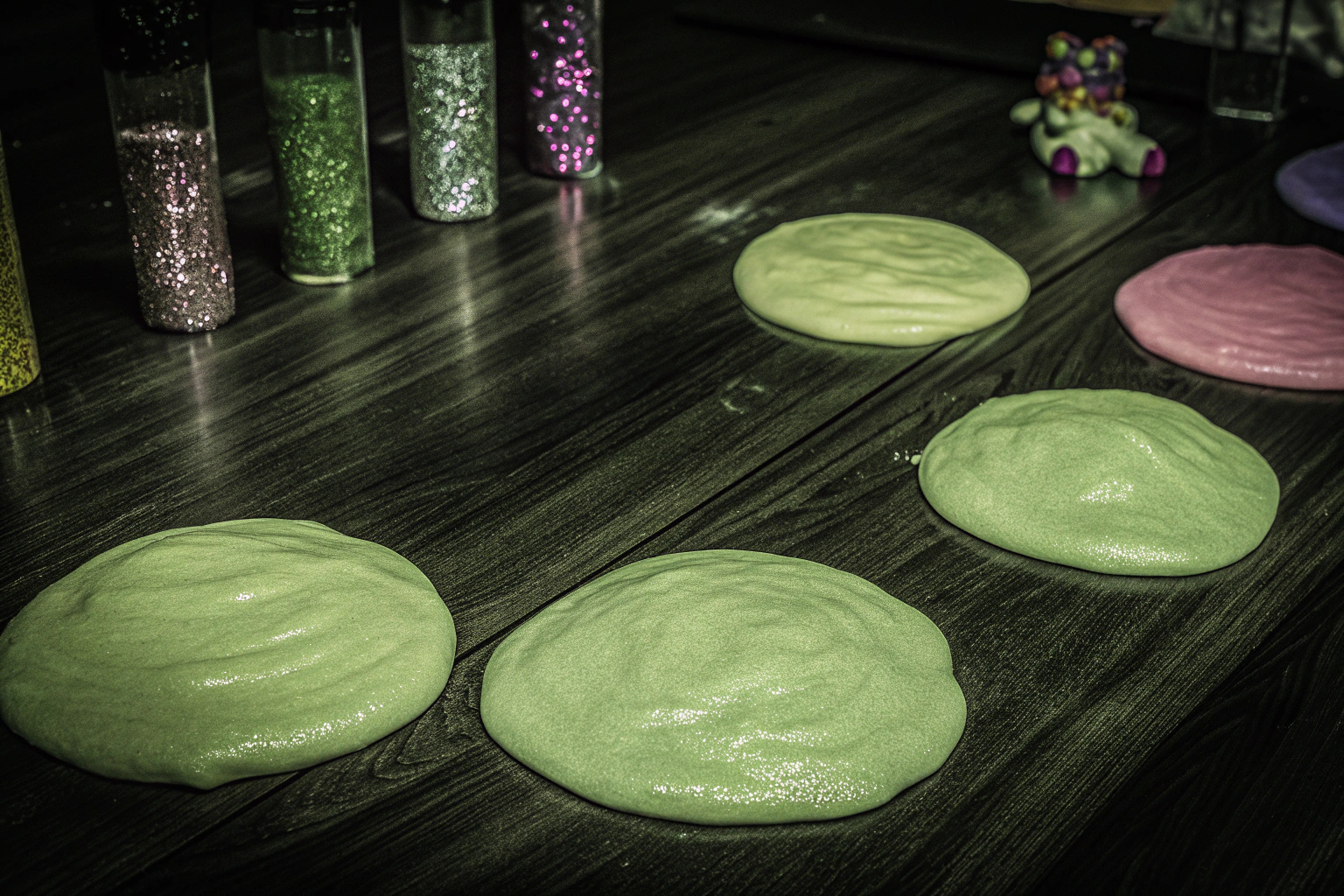 Kinder, die buntes Slime in verschiedenen Formen und Farben gestalten. Kreative Slime-Gestaltung