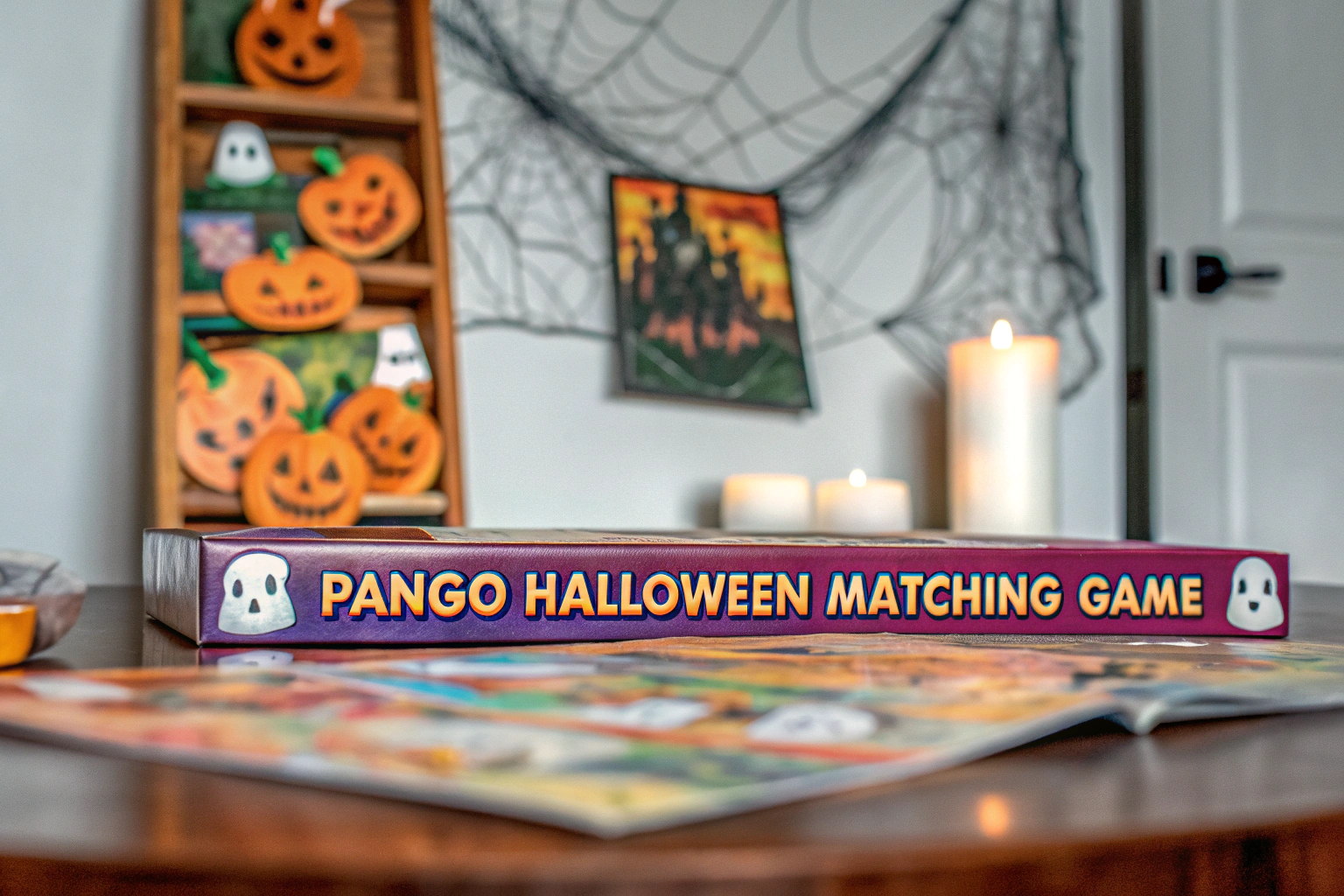 Kinder, die das Pango Halloween Matching Spiel spielen. Kinder spielen ein Gedächtnisspiel in einer Spukvilla
