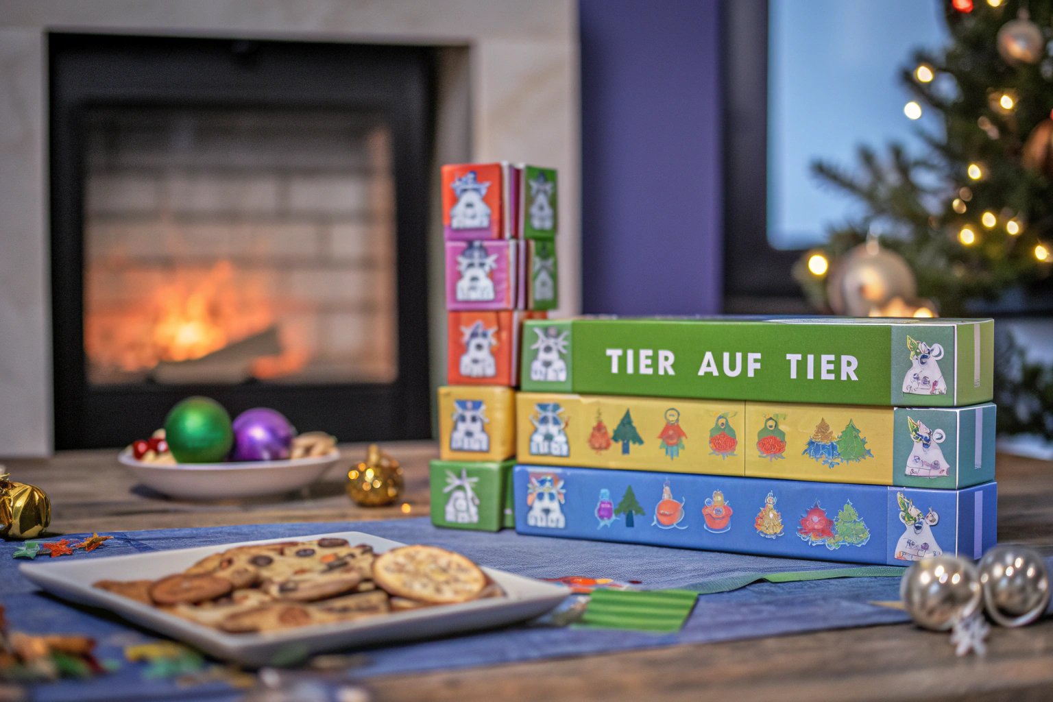 Kinder, die das Spiel 'Tier auf Tier' spielen, mit weihnachtlichen Figuren auf einem Tisch. HABA Tier auf Tier Weihnachtsversion