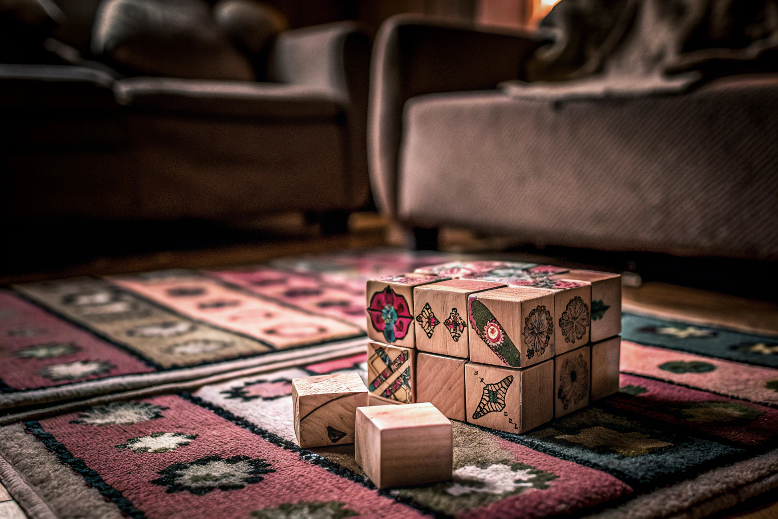 Kinder, die ein Würfelpuzzle aus Holz zusammensetzen, fördert die Kreativität und das logische Denken. Kinder spielen mit Holzwürfelpuzzle