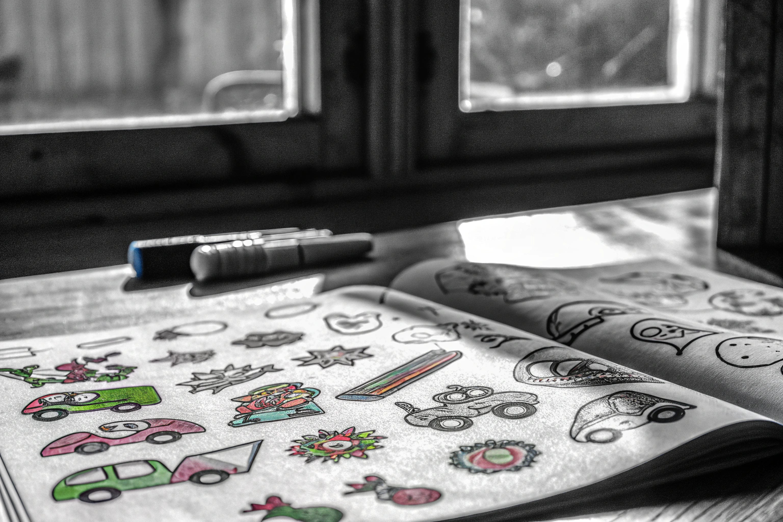 Kinder spielen mit Stickerbuch