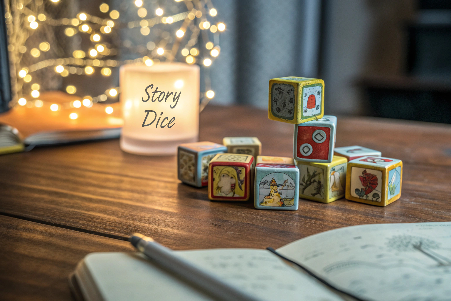 Kinder, die mit Geschichtenwürfeln spielen und dabei eigene Geschichten erfinden. Kinder spielen mit Geschichtenwürfeln