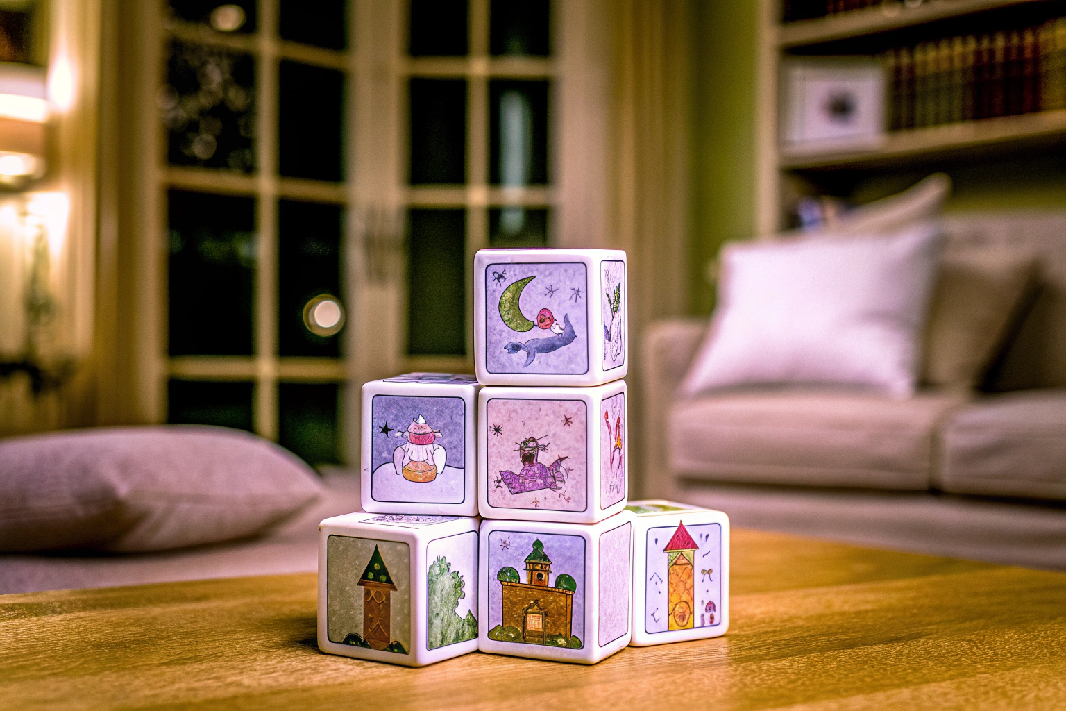 Kinder, die mit Story Cubes spielen und Geschichten erfinden. Kinder beim Geschichtenerzählen mit Würfeln