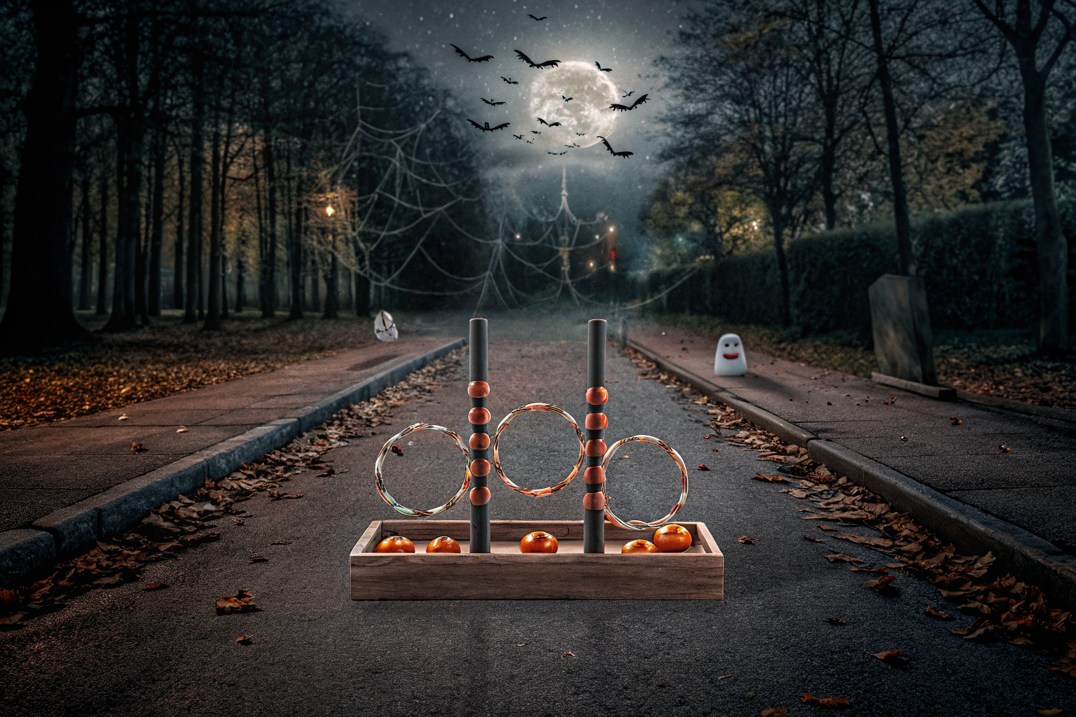 Kinder in Halloween-Kostümen, die verschiedene Halloween-Spiele spielen. Kinder in Halloween-Kostümen beim Spielen