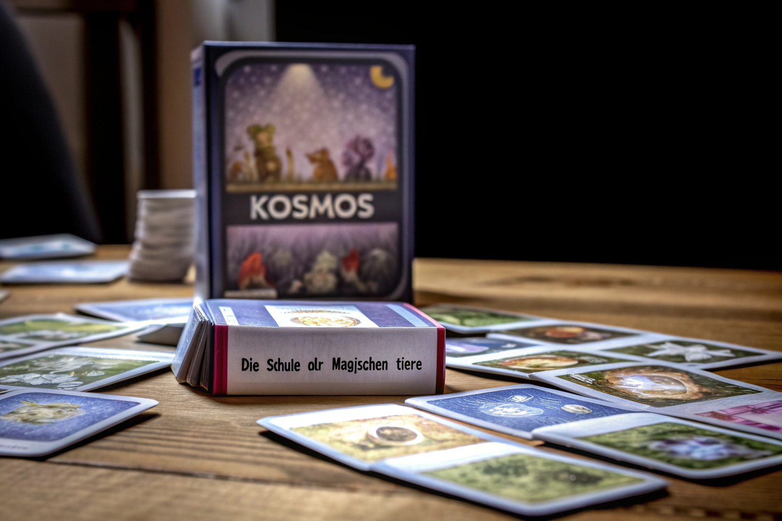 Kinder spielen das KOSMOS Brettspiel Die Schule der magischen Tiere auf einem Tisch. KOSMOS Brettspiel Die Schule der magischen Tiere