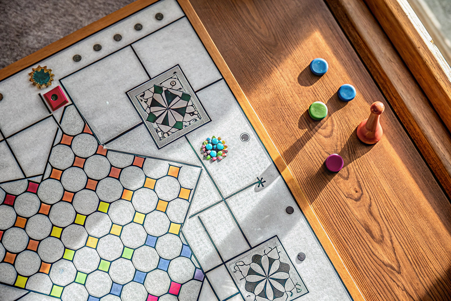 Kinder spielen das Timing Puzzles Brettspiel auf einem Tisch. Timing Puzzles Brettspiel
