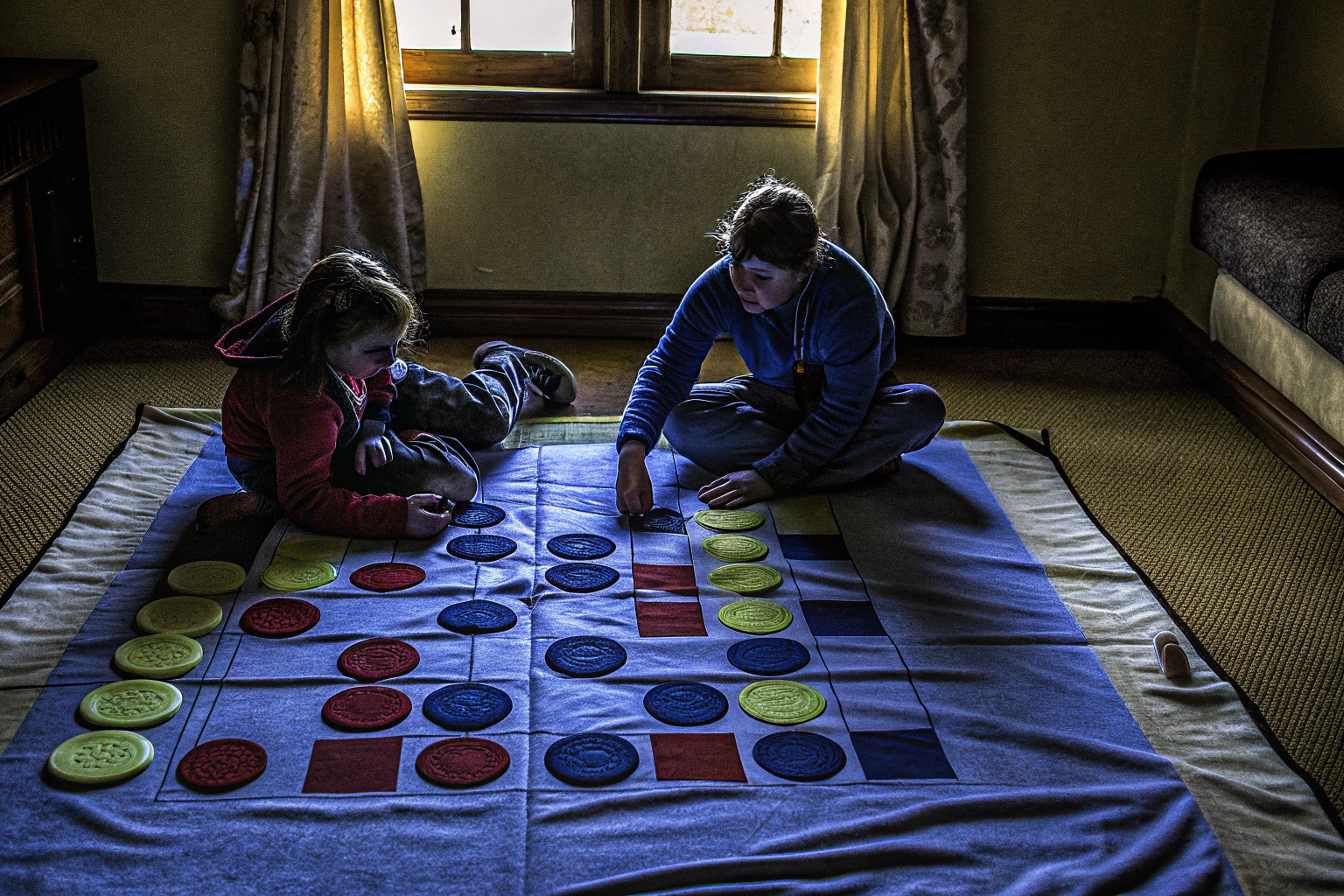 Kinder spielen ein Brettspiel zusammen, lachen und haben Spaß. Altersgerechte Kinderspiele