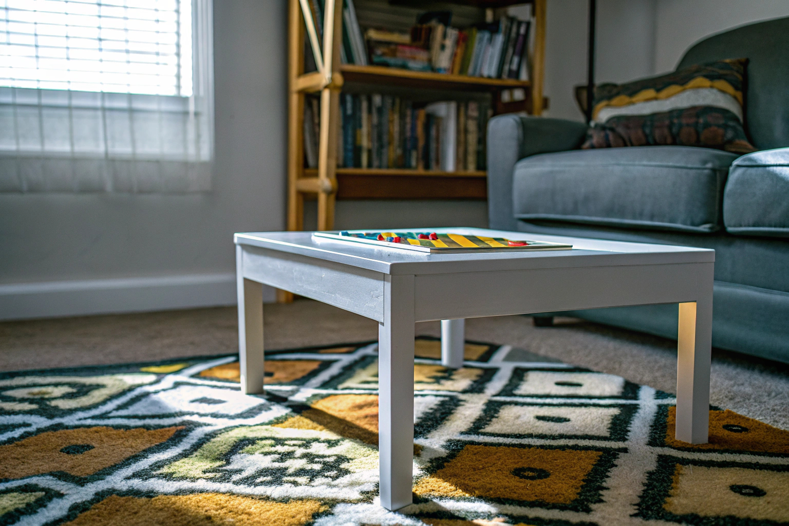 Kinder spielen ein strategisches Brettspiel auf einem Teppich im Wohnzimmer. Kinder spielen Brettspiel