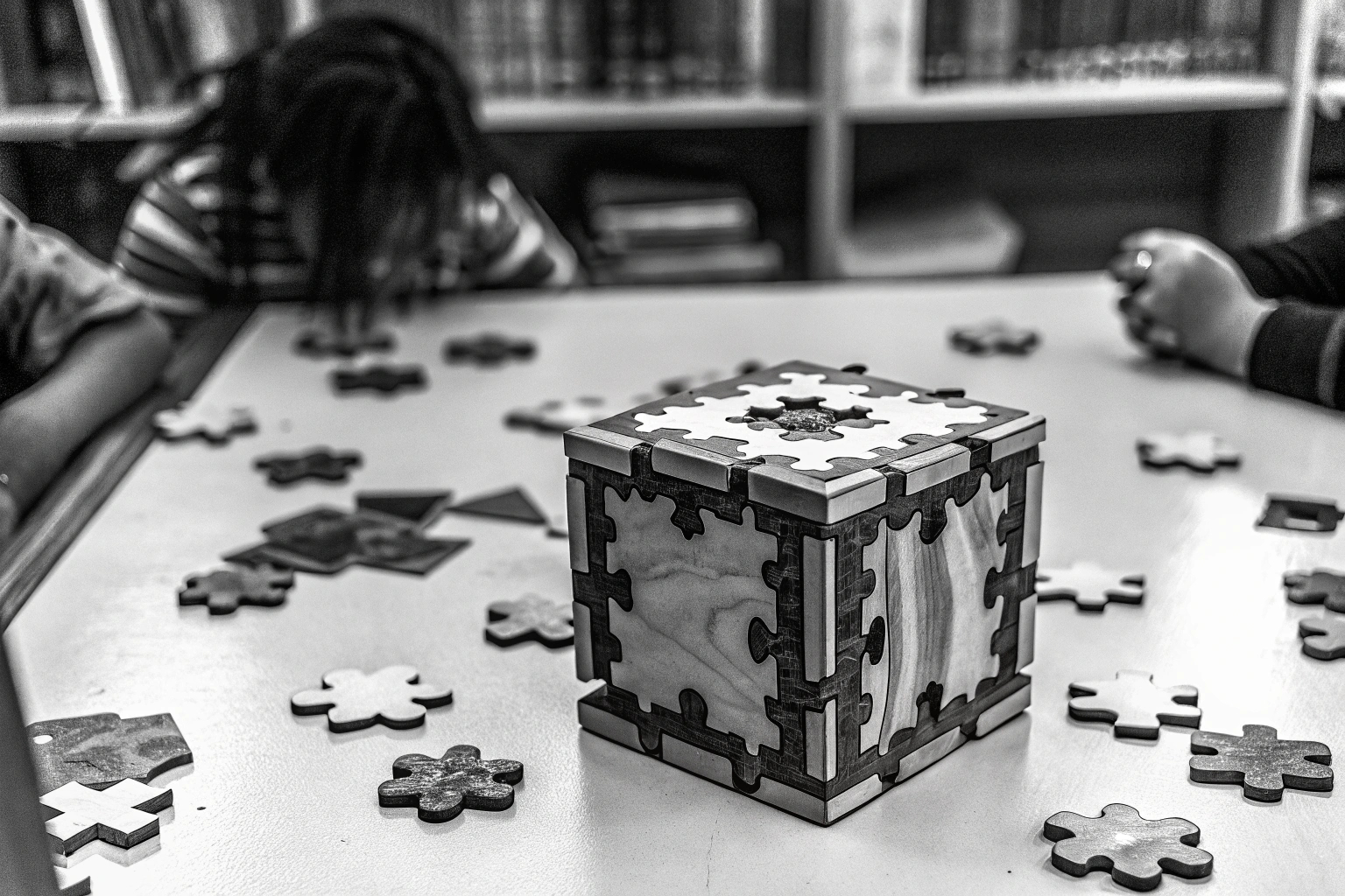 Kinder spielen gemeinsam mit dem Holzwürfel Puzzle und haben Spaß beim Lösen der Aufgaben. Kinder spielen Holzwürfel Puzzle
