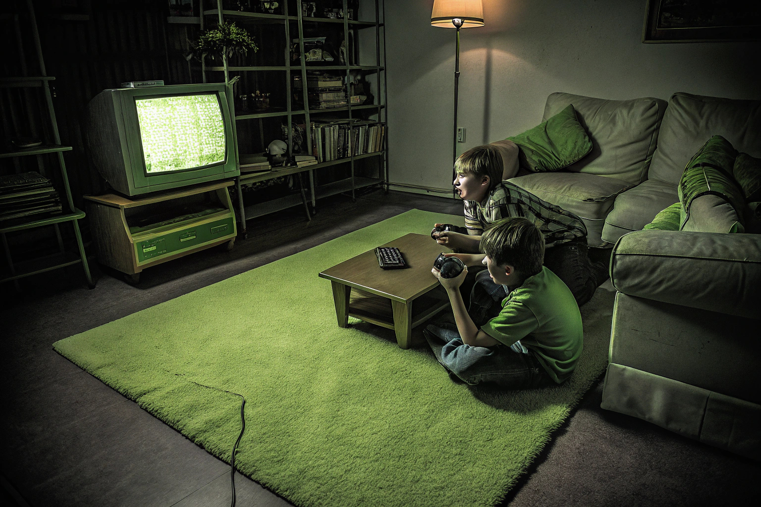 Kinder spielen gemeinsam mit ihren Eltern an einer Retro-Spielkonsole. Kinder und Eltern beim Spielen