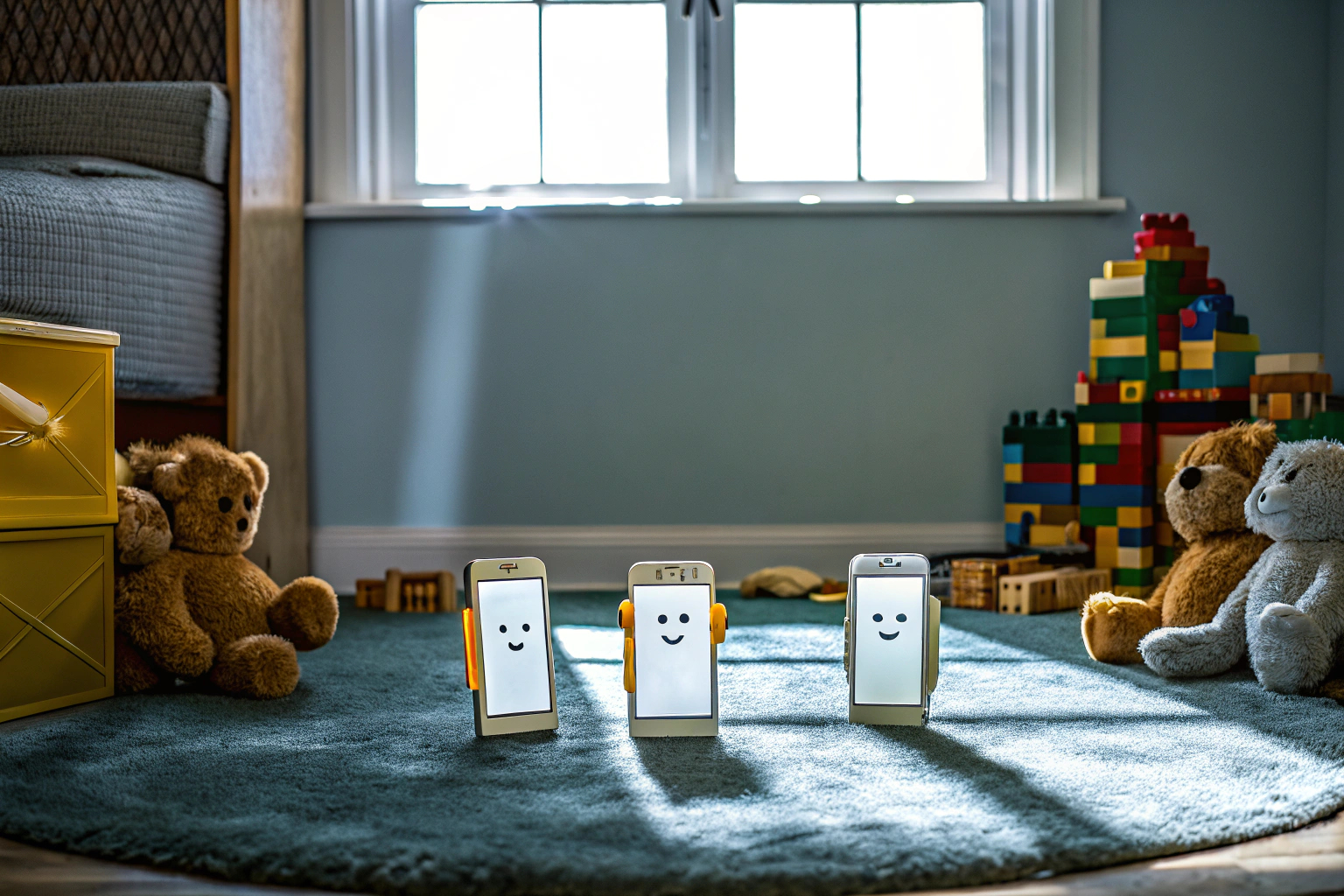 Kinder spielen gemeinsam mit Spielzeug-Smartphones. Kinder mit Spielzeug-Smartphones