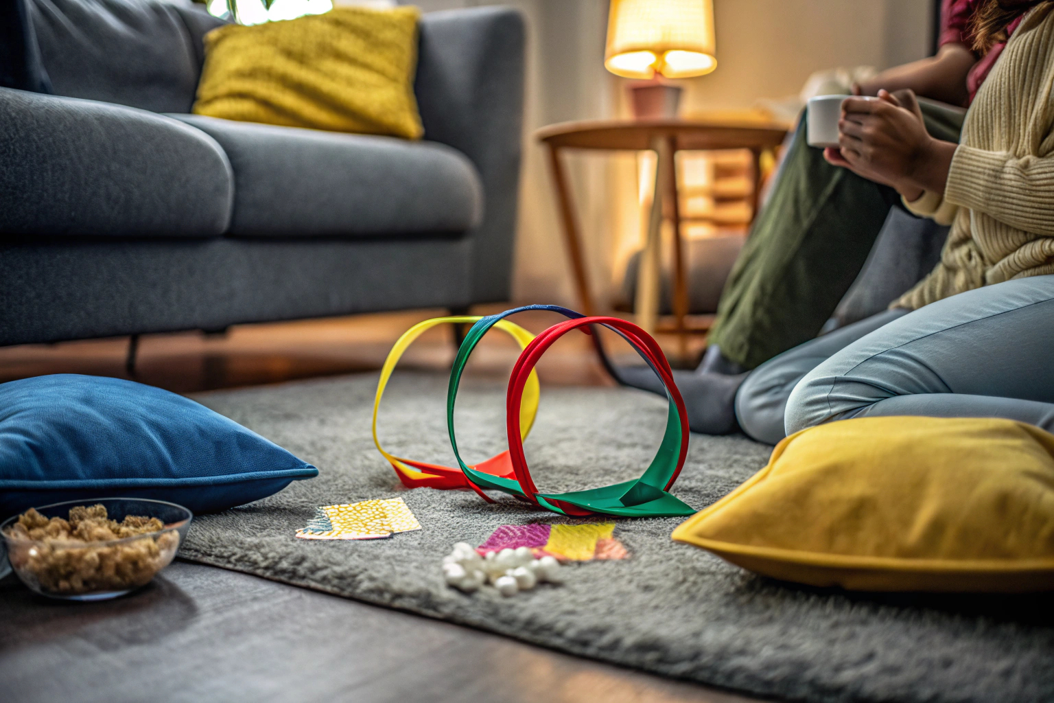 Kinder spielen Hedbanz mit bunten Stirnbändern. Kinder spielen Hedbanz