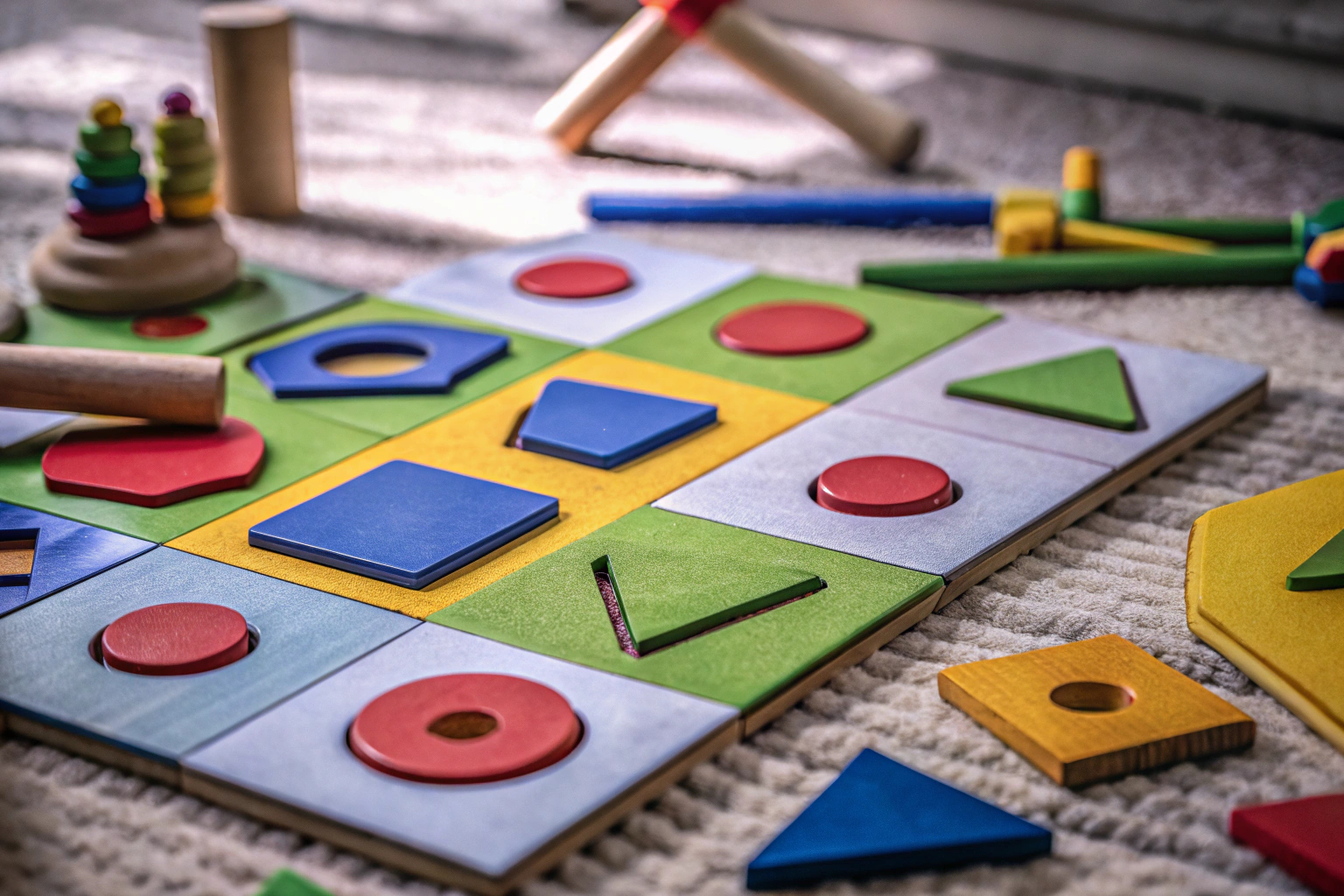 Kinder spielen mit dem CUBIDI Hämmerchenspiel und erschaffen bunte Formen. Kinder spielen mit CUBIDI Hämmerchenspiel