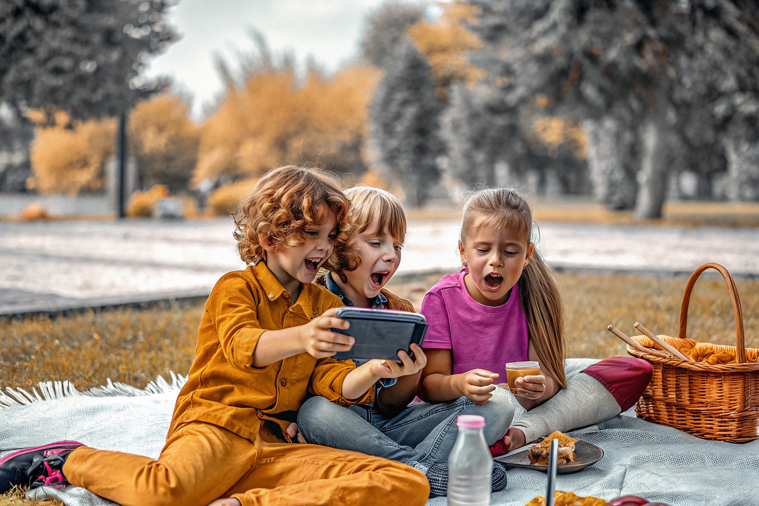 Kinder spielen mit einer tragbaren Spielekonsole im Park. Kinder spielen im Freien mit Konsole