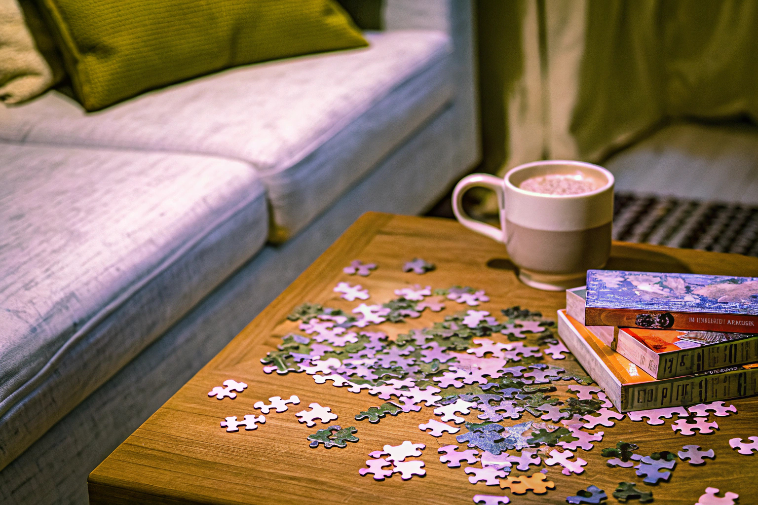Kinder und Erwachsene, die gemeinsam an einem Puzzle arbeiten, umgeben von einer gemütlichen Atmosphäre. Familienzeit mit Puzzlespielen