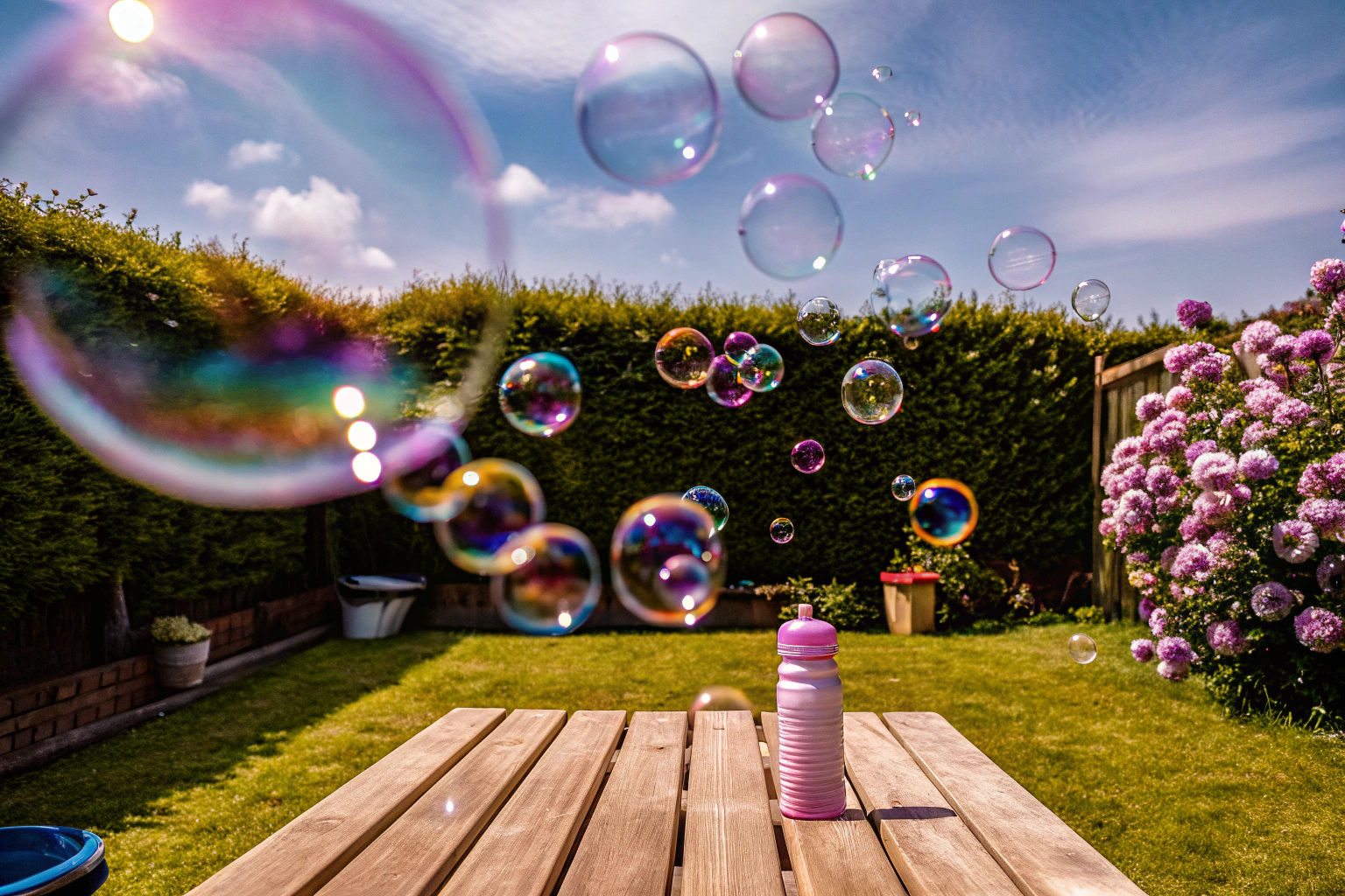 Kinder und Erwachsene, die mit PUSTEFIX Seifenblasen im Garten spielen, umgeben von schillernden Farben. PUSTEFIX Seifenblasen im Garten