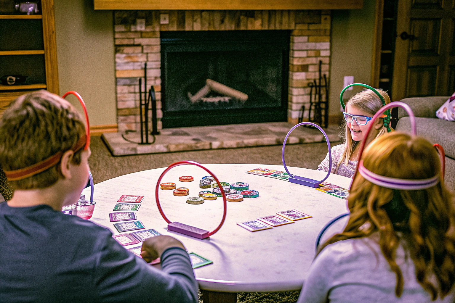 Kinder und Erwachsene spielen gemeinsam das Hedbanz Ratespiel. Familie spielt Hedbanz